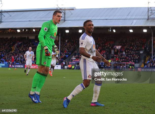 Jermain Defoe of Sunderland celebrates scoring the third goal with keeper Vito Manonne during the Premier League match between Crystal Palace and...