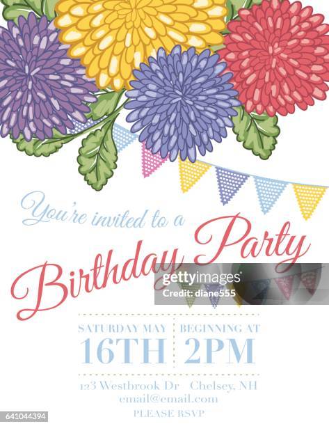 chrysanthemum papel picado flags birthday invitation template - papel stock illustrations