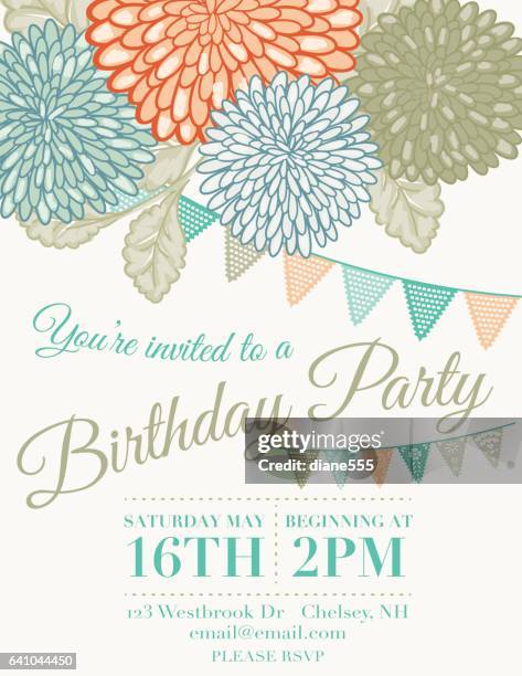 chrysanthemum papel picado flags birthday invitation template - papel stock illustrations