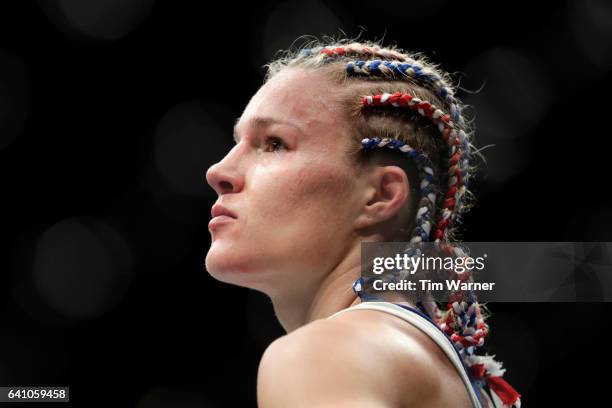 Felice Herrig awaits the decision in the Women's Strawweight Bout against Alexa Grasso during UFC Fight Night at the Toyota Center on February 4,...