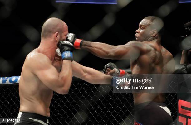 Ovince Saint Preux hits Volkan Oezdemir in the Light Heavyweight Bout during UFC Fight Night at the Toyota Center on February 4, 2017 in Houston,...