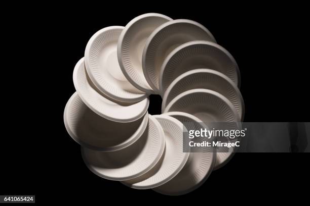 disposable white paper plates circle shape stacking - paper plate stock pictures, royalty-free photos & images