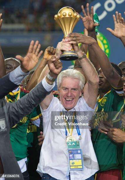 Cameroon Coach Hugo Broos celebrates winning the CAN 2017 FINAL between Egypt and Cameroon at Stade de L'Amitie on February 05, 2017 in Libreville,...