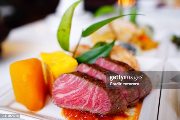 wagyu beef (和牛)(japanese cow) and kaiseki (懐石) cuisine plates - 和牛 stock pictures, royalty-free photos & images