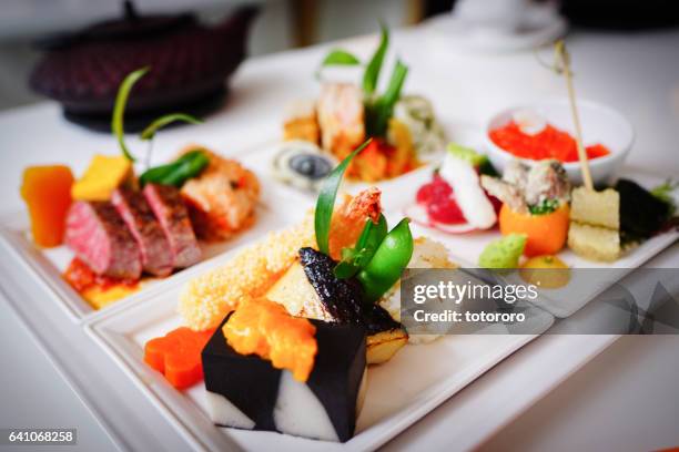 wagyu beef (和牛)(japanese cow) and kaiseki (懐石) cuisine plates - 和牛 stock pictures, royalty-free photos & images