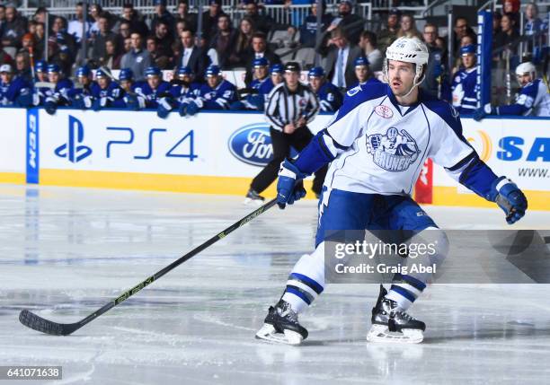 Mike Halmo of the Syracuse Crunch turns up ice against the Toronto Marlies during AHL game action on February 4, 2017 at Ricoh Coliseum in Toronto,...