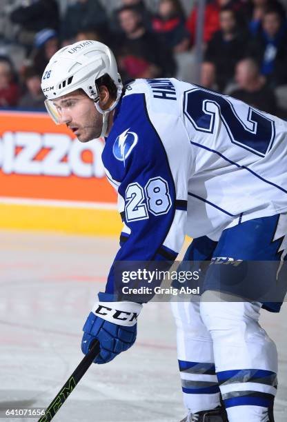 Mike Halmo of the Syracuse Crunch prepares for a face-off against the Toronto Marlies during AHL game action on February 4, 2017 at Ricoh Coliseum in...