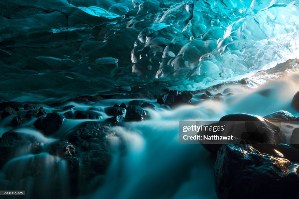 Glacial Ice Cave with Waterfall, Svinafellsjokull glacier Iceland