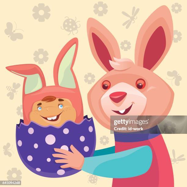 happy rabbit with bunny baby - easter bunny costume stock illustrations