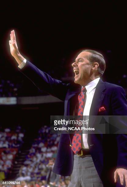 Oklahoma coach Billy Tubbs during the NCAA Photos via Getty Images Men's Naitional Basketball Final Four championship held at the Kemper Arena in...