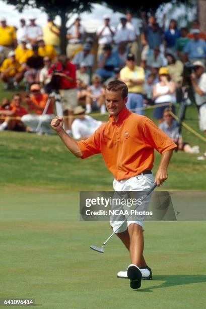 DeLeon of Oklahoma State University sinks a putt during a one-hole playoff against Georgia Tech during the Division 1 Men's Golf Championship held at...