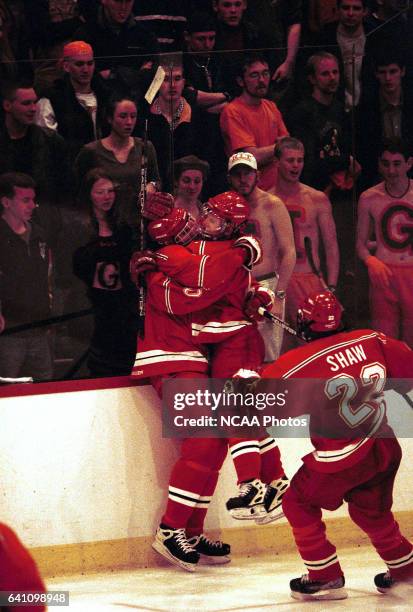 Plattsburg State University players celebrate a early goal during the 2001 NCAA Photos via Getty Images Men's Ice Hockey Championship held at Ritter...