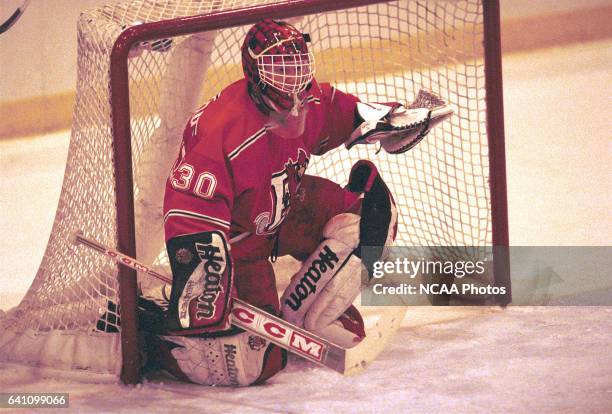 Goalie Niklas Sunberg of Plattsburg State University guards the nets during the 2001 NCAA Photos via Getty Images Men's Ice Hockey Championship held...