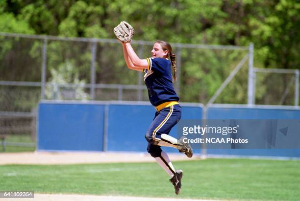 Shortstop Alison Cole of Ithaca College leaps for a catch against Lake Forest College during the Division III Women's Softball Championship held at...