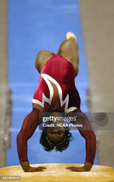 Ashley Miles of the University of Alabama competes in the vault during the Division 1 Women's Individual Gymnastics Championship held at the Bob...