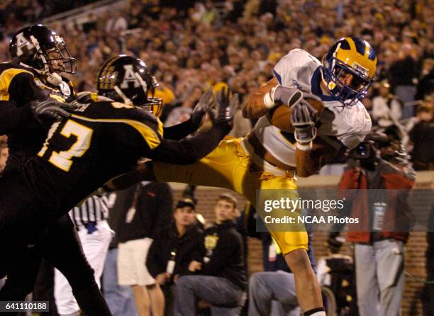 Wide receiver Aaron Love of the University of Delaware hauls scores the first touchdown for the Blue Hens during the Division I-AA Men's Football...