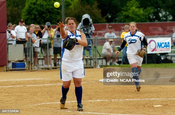 Lynn University pitcher Aimee Murch throws the ball to first base for the final out against Kennesaw State University during the Division II Women's...