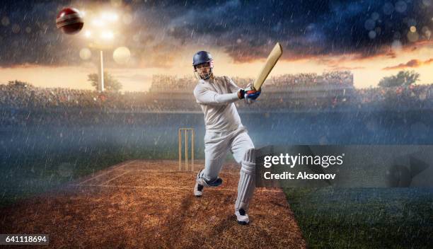 cricket: batsman on the stadium in action - cricket player portrait stock pictures, royalty-free photos & images