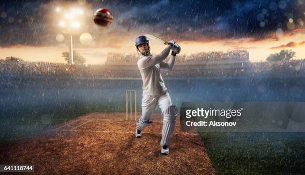cricket: batsman on the stadium in action - cricket stock pictures, royalty-free photos & images