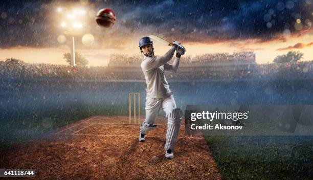 cricket: batsman on the stadium in action - batsman stock pictures, royalty-free photos & images