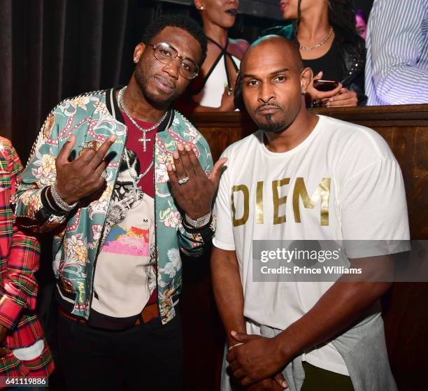 Gucci Mane and Mike Gardner attend Mike Vick Retirement Party at Grooves on February 4, 2017 in Houston, Texas.