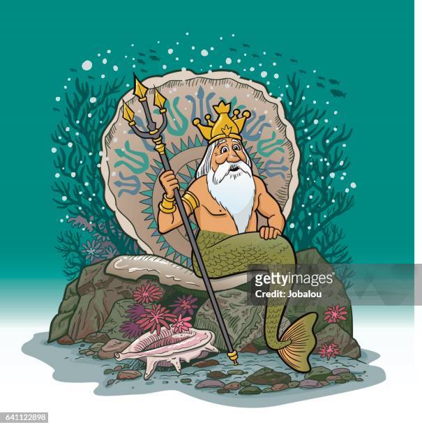 ilustraciones, imágenes clip art, dibujos animados e iconos de stock de rey neptuno en dibujos animados de agua - king fish