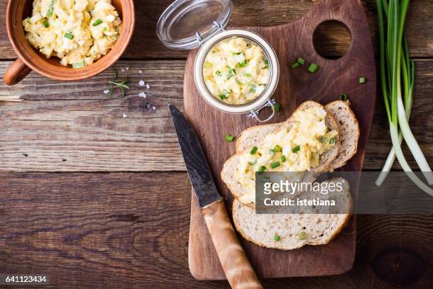 egg paste sandwich with spring green onion - pate stock pictures, royalty-free photos & images