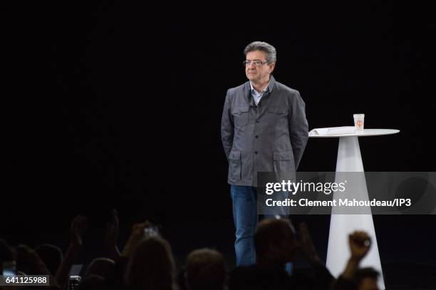 Founder of the left wing movement 'La France Insoumise' and candidate for the 2017 French Presidential Election Jean Luc Melenchon delivers a speech...