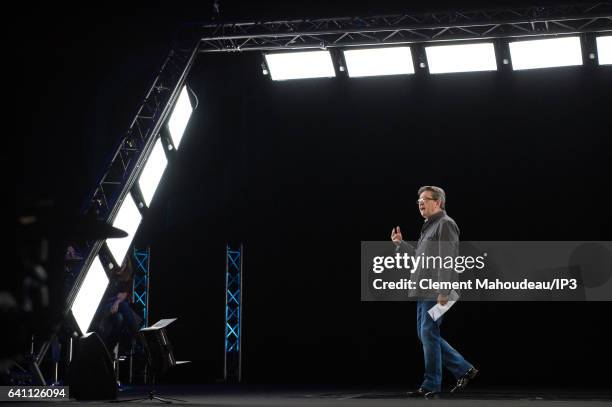 Founder of the left wing movement 'La France Insoumise' and candidate for the 2017 French Presidential Election Jean Luc Melenchon delivers a speech...