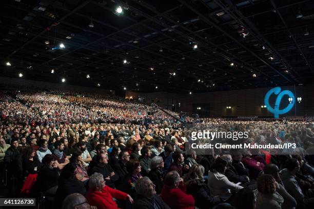 View of public who is came attending a meeting of the founder of the left wing movement 'La France Insoumise' and candidate for the 2017 French...