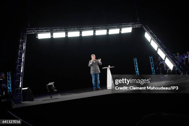 Founder of the left wing movement 'La France Insoumise' and candidate for the 2017 French Presidential Election Jean Luc Melenchon delivers a speech...