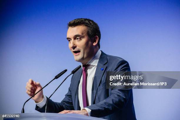 Florian Philippot, Vice President of the French far right National Front political party delivers a speech during the 'Assises de la présidentielle'...