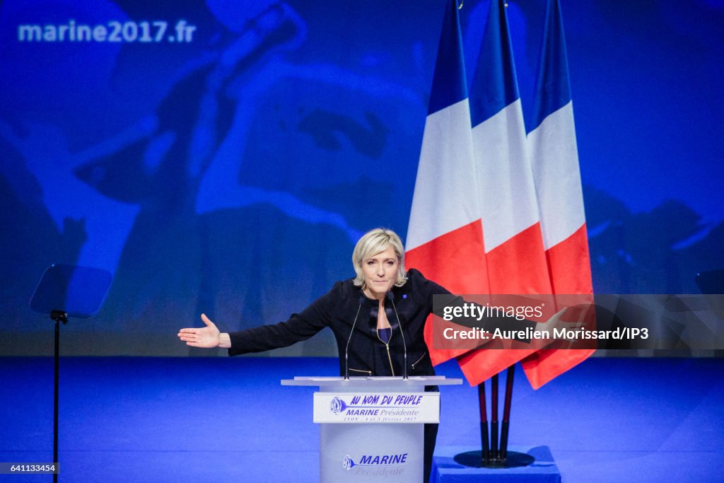 French National Front Leader Marine Le Pen Officially Launches Her Presidential Election Campaign In Lyon