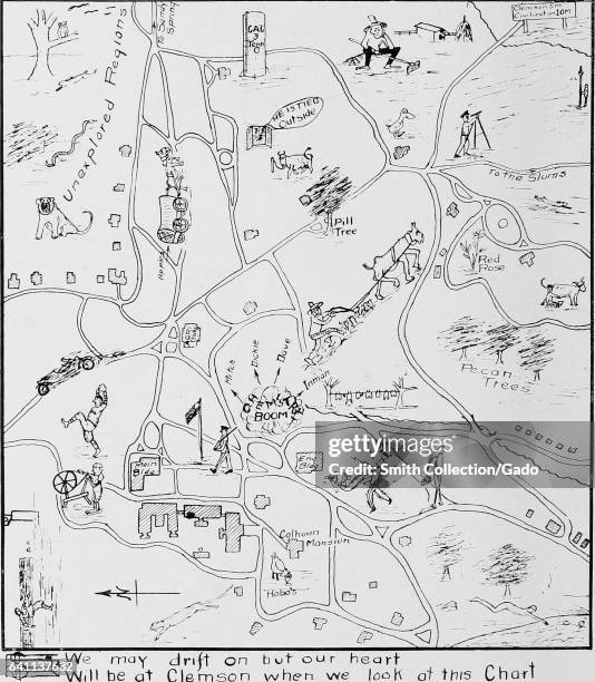 Whimsical, hand-drawn map of the campus of Clemson University, identifying nostalgic landmarks, South Carolina, 1916. .