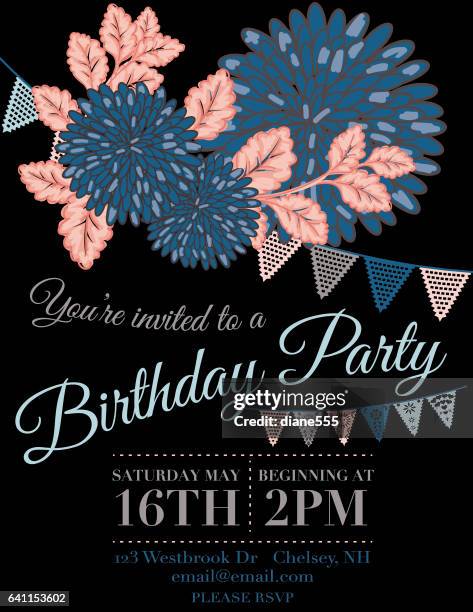 chrysanthemum papel picado flags birthday invitation template - papel stock illustrations