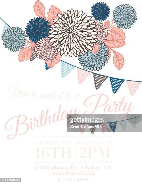 chrysanthemum papel picado flags birthday invitation template - happy birthday flowers images stock illustrations