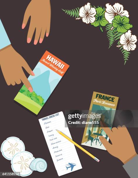 travel planning - ipad hand desktop stock illustrations