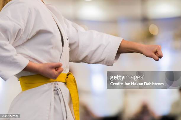 karate training - defensa propia fotografías e imágenes de stock