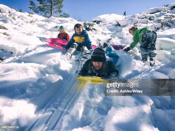 group of children sledding together - winter vacation stock pictures, royalty-free photos & images