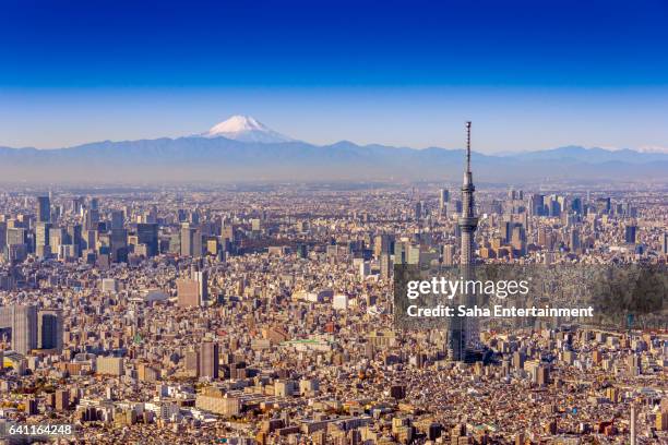tokyo sky tree and mt.fuji aero photography - tokyo skytree stock pictures, royalty-free photos & images