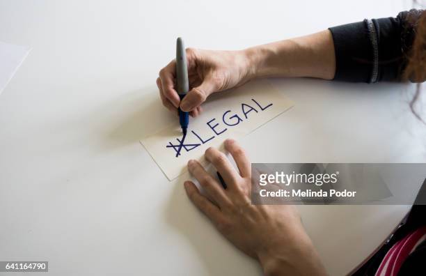 the word illegal, with the letters i and l crossed out to spell legal. - california judiciary stock pictures, royalty-free photos & images