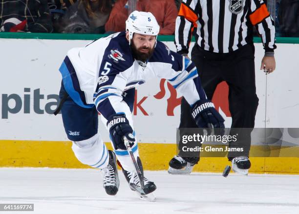 Mark Stuart of the Winnipeg Jets skates against the Dallas Stars at the American Airlines Center on February 2, 2017 in Dallas, Texas.