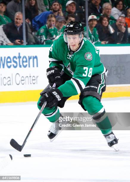 Lauri Korpikoski of the Dallas Stars handles the puck against the Winnipeg Jets at the American Airlines Center on February 2, 2017 in Dallas, Texas.