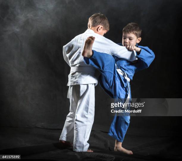 jongens judo fighters - taekwando stockfoto's en -beelden