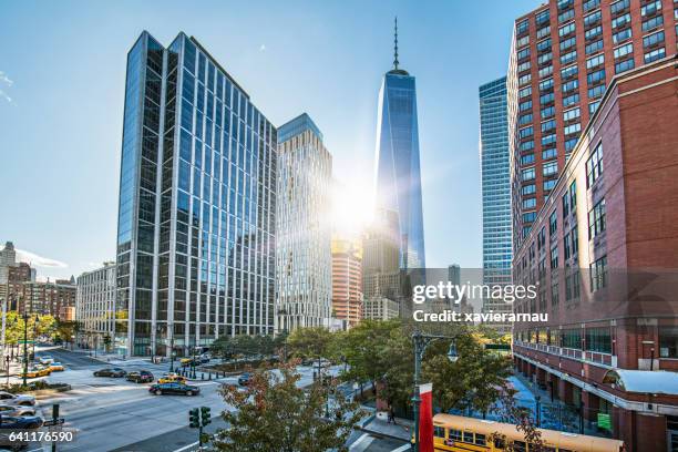 one world trade center against sky on sunny day - one world trade center stock pictures, royalty-free photos & images