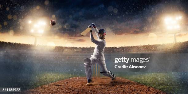 cricket: batsman on the stadium in action - cricket player stock pictures, royalty-free photos & images