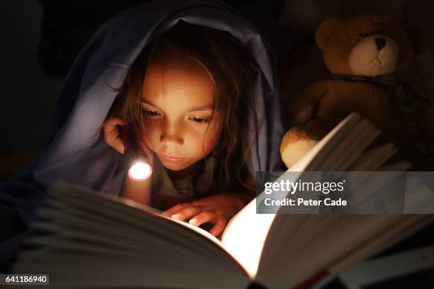 girl under bed covers reading book by torchlight - child reading a book stockfoto's en -beelden