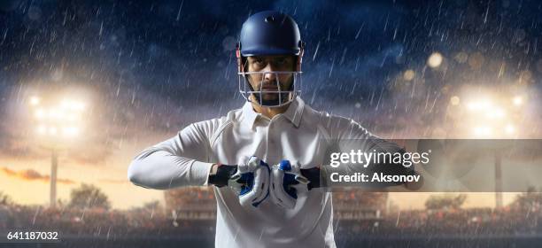 cricket: batsman on the stadium in action - man with cricket bat stock pictures, royalty-free photos & images