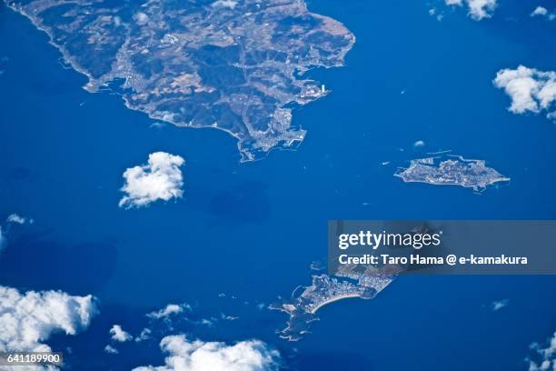 chita peninsula, shinojima and himakajima islands aerial view from airplane - aichi prefecture fotografías e imágenes de stock