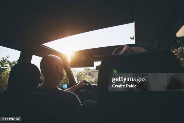 vrienden op road trip - car sunroof stockfoto's en -beelden